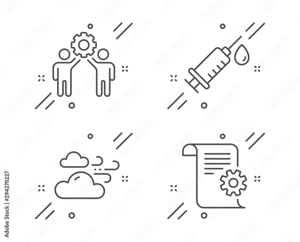 Employees teamwork, Medical syringe and Windy weather line icons set. Technical documentation sign. Collaboration, Vaccination, Cloud wind. Manual. Business set. Vector Employees teamwork, Medical syringe and Windy weather line icons set. Technical documentation sign. Collaboration, Vaccination, Cloud wind. Manual. Business set. Vector