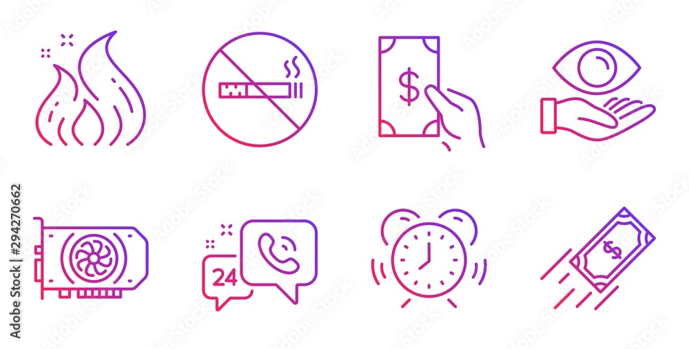 Time management, No smoking and Fire energy line icons set. Health eye, Gpu and Receive money signs. 24h service, Fast payment symbols. Alarm clock, Stop smoke. Business set. Vector Time management, No smoking and Fire energy line icons set. Health eye, Gpu and Receive money signs. 24h service, Fast payment symbols. Alarm clock, Stop smoke. Business set. Vector