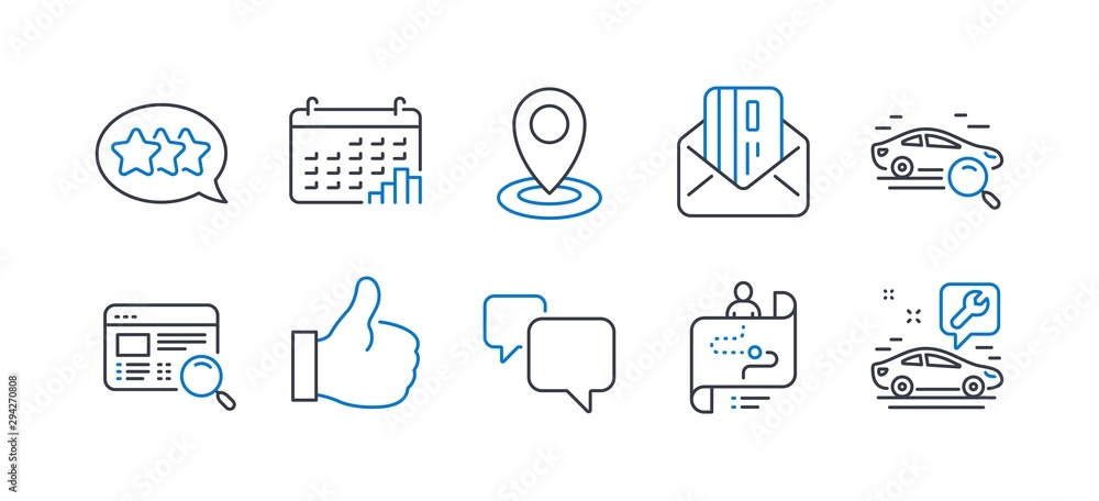 Set of Technology icons, such as Journey path, Search car, Stars, Speech bubble, Credit card, Location, Website search, Calendar graph, Like, Car service line icons. Line journey path icon. Vector Set of Technology icons, such as Journey path, Search car, Stars, Speech bubble, Credit card, Location, Website search, Calendar graph, Like, Car service line icons. Line journey path icon. Vector