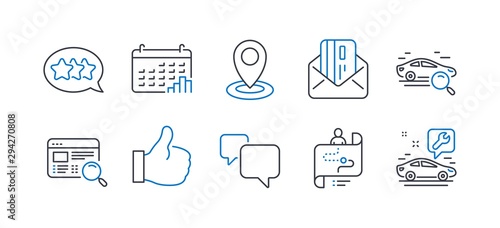 Set of Technology icons, such as Journey path, Search car, Stars, Speech bubble, Credit card, Location, Website search, Calendar graph, Like, Car service line icons. Line journey path icon. Vector