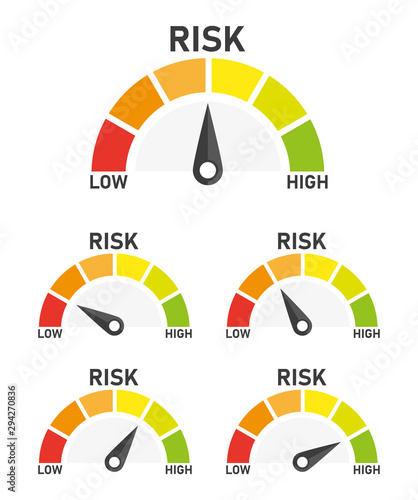 Set risk speedometer icon or sign of different colors with black arrow. Vector illustration.