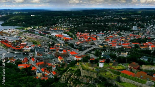 Halden, Norway. Aerial view of the Fredriksted fortress in Halden, Norway with city at the background. Time-lapse during a cloudy summer day photo