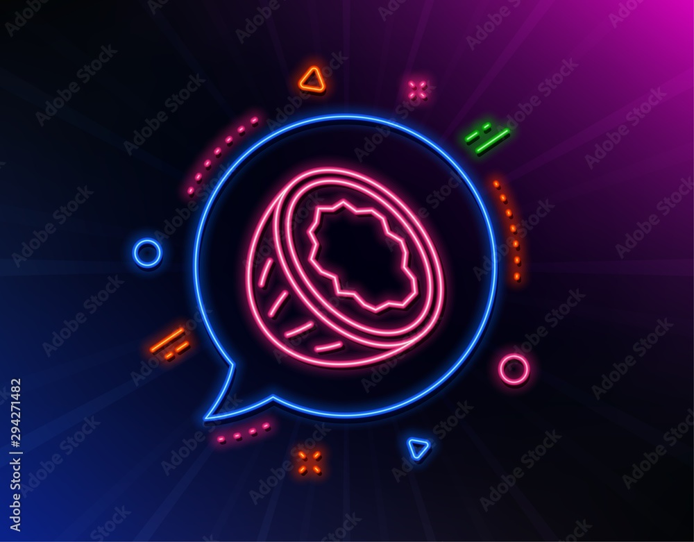 Coconut line icon. Neon laser lights. Tasty nut sign. Vegan food symbol. Glow laser speech bubble. Neon lights chat bubble. Banner badge with coconut icon. Vector Coconut line icon. Neon laser lights. Tasty nut sign. Vegan food symbol. Glow laser speech bubble. Neon lights chat bubble. Banner badge with coconut icon. Vector