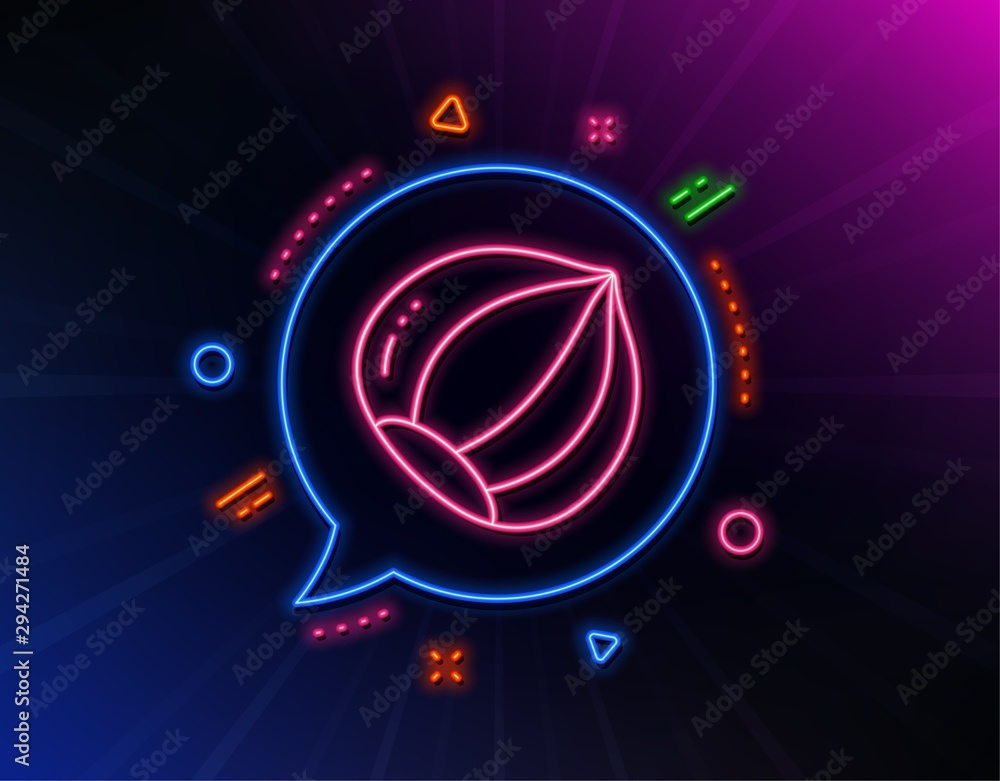 Hazelnut line icon. Neon laser lights. Tasty nut sign. Vegan food symbol. Glow laser speech bubble. Neon lights chat bubble. Banner badge with hazelnut icon. Vector Hazelnut line icon. Neon laser lights. Tasty nut sign. Vegan food symbol. Glow laser speech bubble. Neon lights chat bubble. Banner badge with hazelnut icon. Vector