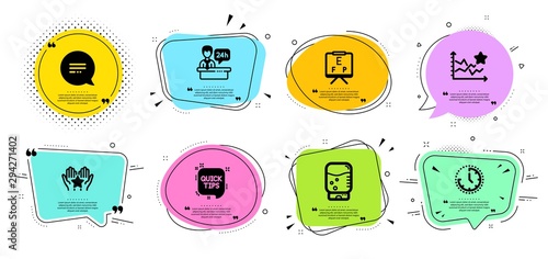 Quick tips, Ranking stars and Ranking line icons set. Chat bubbles with quotes. Reception desk, Water cooler and Vision board signs. Time, Text message symbols. Helpful tricks, Winner results. Vector