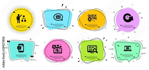 Travel loan, Algorithm and Seo analytics line icons set. Chat bubbles with quotes. Update time, Messenger and Quick tips signs. E-mail, Smile symbols. Trip discount, Developers job. Vector