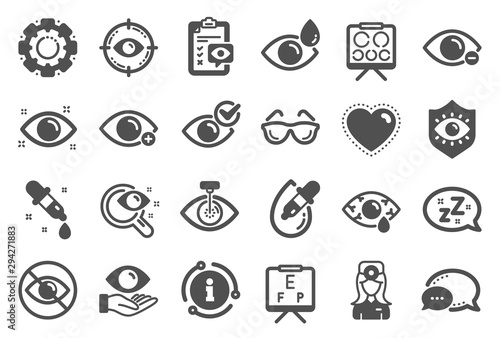 Optometry, Eye doctor icons. Medical laser surgery, glasses and eyedropper. Pink eye, Cataract surgery and allergy icons. Vision exam problem, optician board, oculist chart. Quality set. Vector