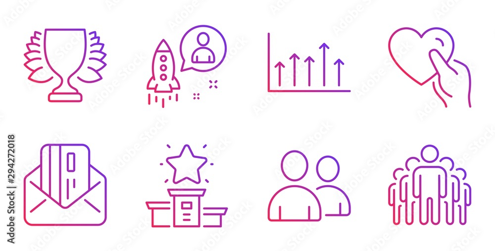 Winner, Growth chart and Winner podium line icons set. Credit card, Startup and Users signs. Hold heart, Group symbols. Sports achievement, Upper arrows. Business set. Gradient winner icon. Vector Winner, Growth chart and Winner podium line icons set. Credit card, Startup and Users signs. Hold heart, Group symbols. Sports achievement, Upper arrows. Business set. Gradient winner icon. Vector