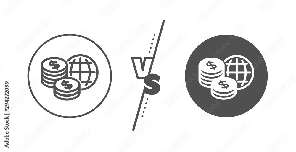Global markets sign. Versus concept. World money line icon. Internet payments symbol. Line vs classic world money icon. Vector Global markets sign. Versus concept. World money line icon. Internet payments symbol. Line vs classic world money icon. Vector