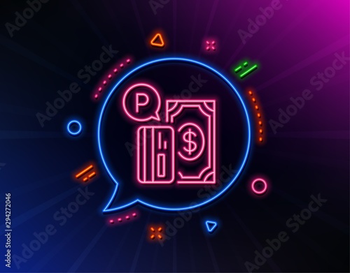 Parking payment line icon. Neon laser lights. Paid car park sign. Transport place symbol. Glow laser speech bubble. Neon lights chat bubble. Banner badge with parking payment icon. Vector