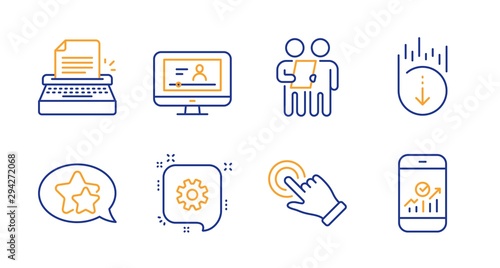 Scroll down, Cogwheel and Touchscreen gesture line icons set. Online video, Star and Survey signs. Typewriter, Smartphone statistics symbols. Swipe screen, Engineering. Technology set. Vector