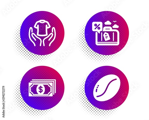 Travel loan, Payment and Hold t-shirt icons simple set. Halftone dots button. Coffee beans sign. Trip discount, Finance, Laundry shirt. Vegetarian seed. Business set. Vector
