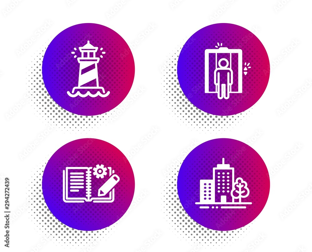 Engineering documentation, Elevator and Lighthouse icons simple set. Halftone dots button. Skyscraper buildings sign. Manual, Lift, Searchlight tower. Town architecture. Industrial set. Vector Engineering documentation, Elevator and Lighthouse icons simple set. Halftone dots button. Skyscraper buildings sign. Manual, Lift, Searchlight tower. Town architecture. Industrial set. Vector