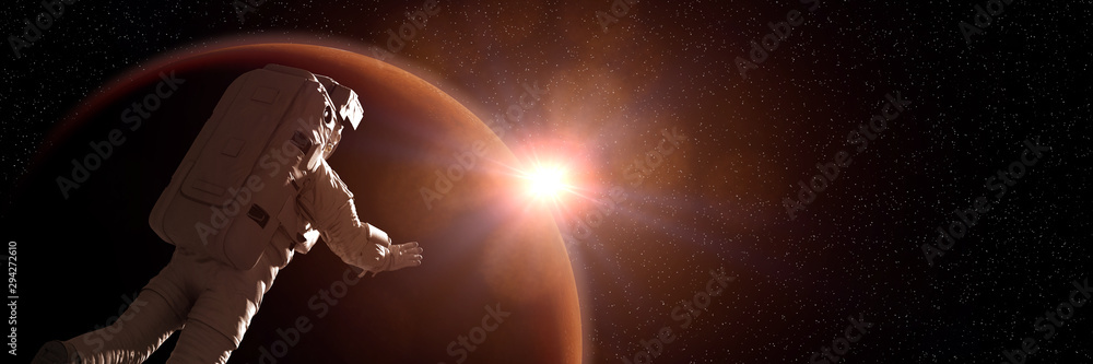 astronaut watching the sunrise during a space walk in orbit of planet Mars - obrazy, fototapety, plakaty 