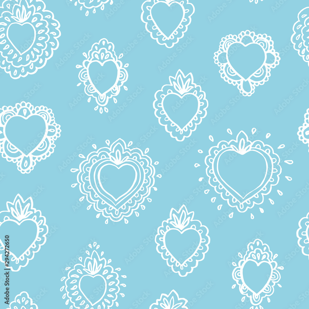 Delicate seamless vector folk art burning heart pattern with lace style burning heart in white line art. Elegant and festive design for valentine, wedding, mothers day and your personal sweetheart. Delicate seamless vector folk art burning heart pattern with lace style burning heart in white line art. Elegant and festive design for valentine, wedding, mothers day and your personal sweetheart.