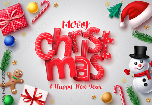 Christmas vector banner design. Merry christmas and happy new year 3d realistic typography text with xmas decor of santa hat, snowman, gift, candy cane, gingerhead cookie, balls and pine leaves.