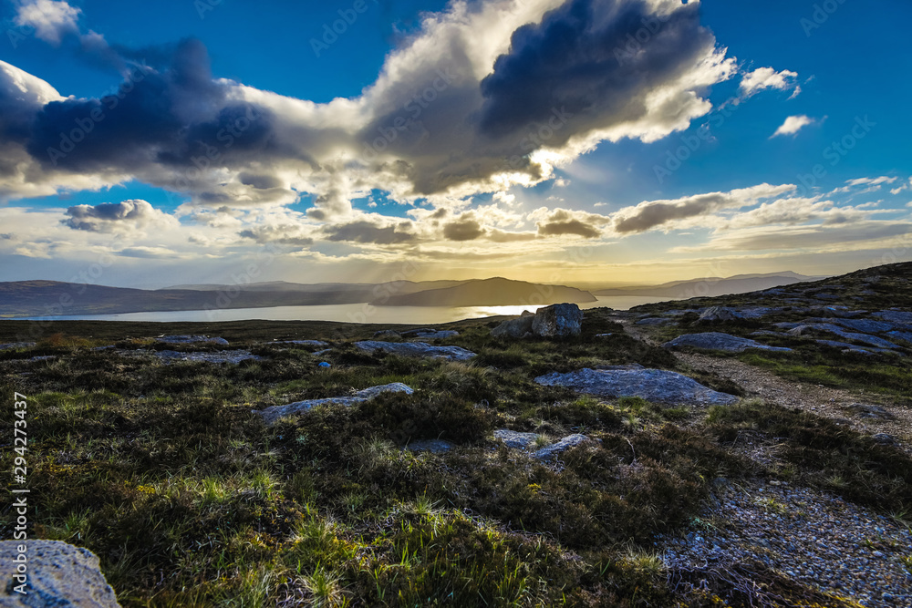 Beautiful scenic landscape of Scotland nature with beautiful evening sun set sky.