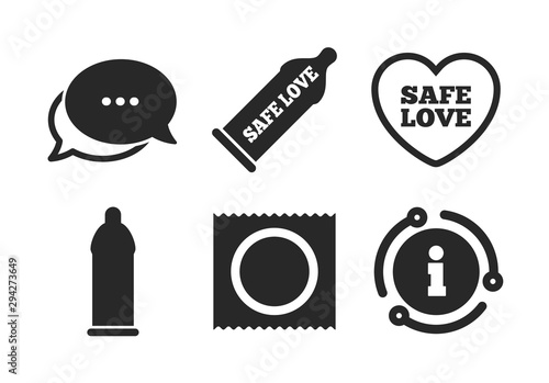 Condom in package symbol. Chat, info sign. Safe sex love icons. Fertilization or insemination. Heart sign. Classic style speech bubble icon. Vector
