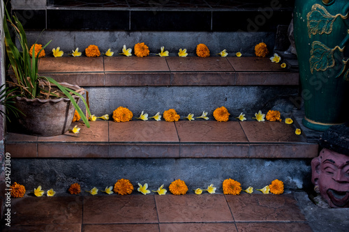 Steps with offerings in Ubud, Bali.