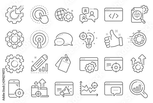 Seo line icons. Website stats, Target and Increase sales signs. Traffic management, social network and seo optimization icons. Gear wheel, Search engine and increase mobile sales. Vector