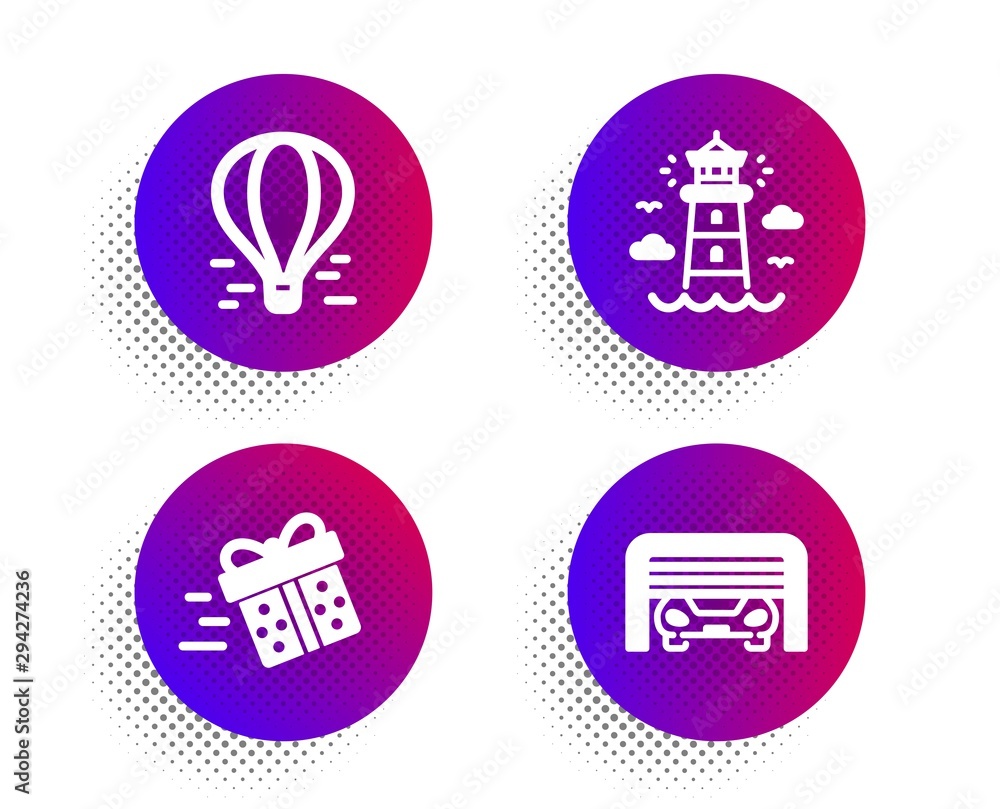 Present delivery, Air balloon and Lighthouse icons simple set. Halftone dots button. Parking garage sign. Shopping service, Flight travel, Beacon tower. Automatic door. Transportation set. Vector