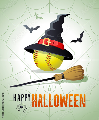 Happy Halloween. Sports greeting card. Softball ball with witches hat and broom on the background of the softball field as a spiders web. Vector illustration.