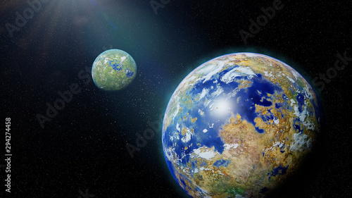 alien world, exoplanet in the habitable zone, planet with moon, water and plant life  photo