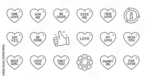 Sweet heart line icons. Sweetheart for valentines day, love heart, romantic message. Marry me, kiss me, true love icons. Valentine flirt, dating message. Linear set. Quality line set. Vector