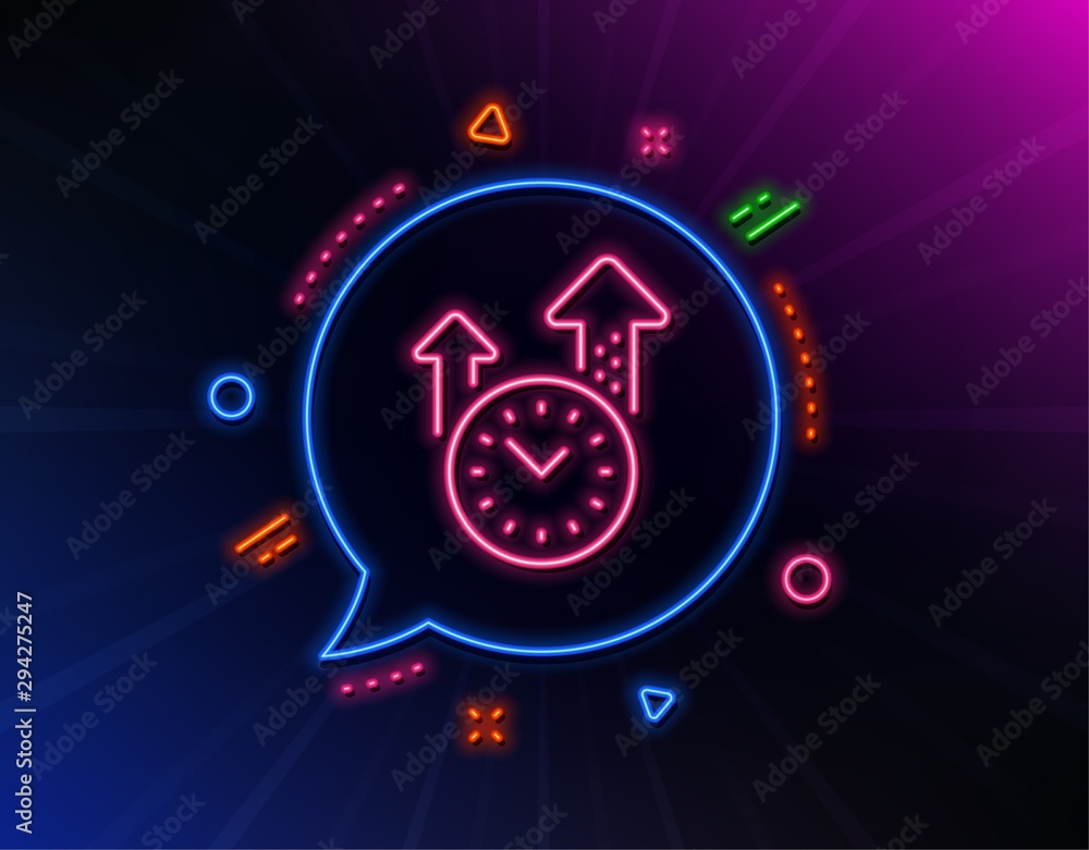 Time management line icon. Neon laser lights. Clock sign. Watch symbol. Glow laser speech bubble. Neon lights chat bubble. Banner badge with time management icon. Vector