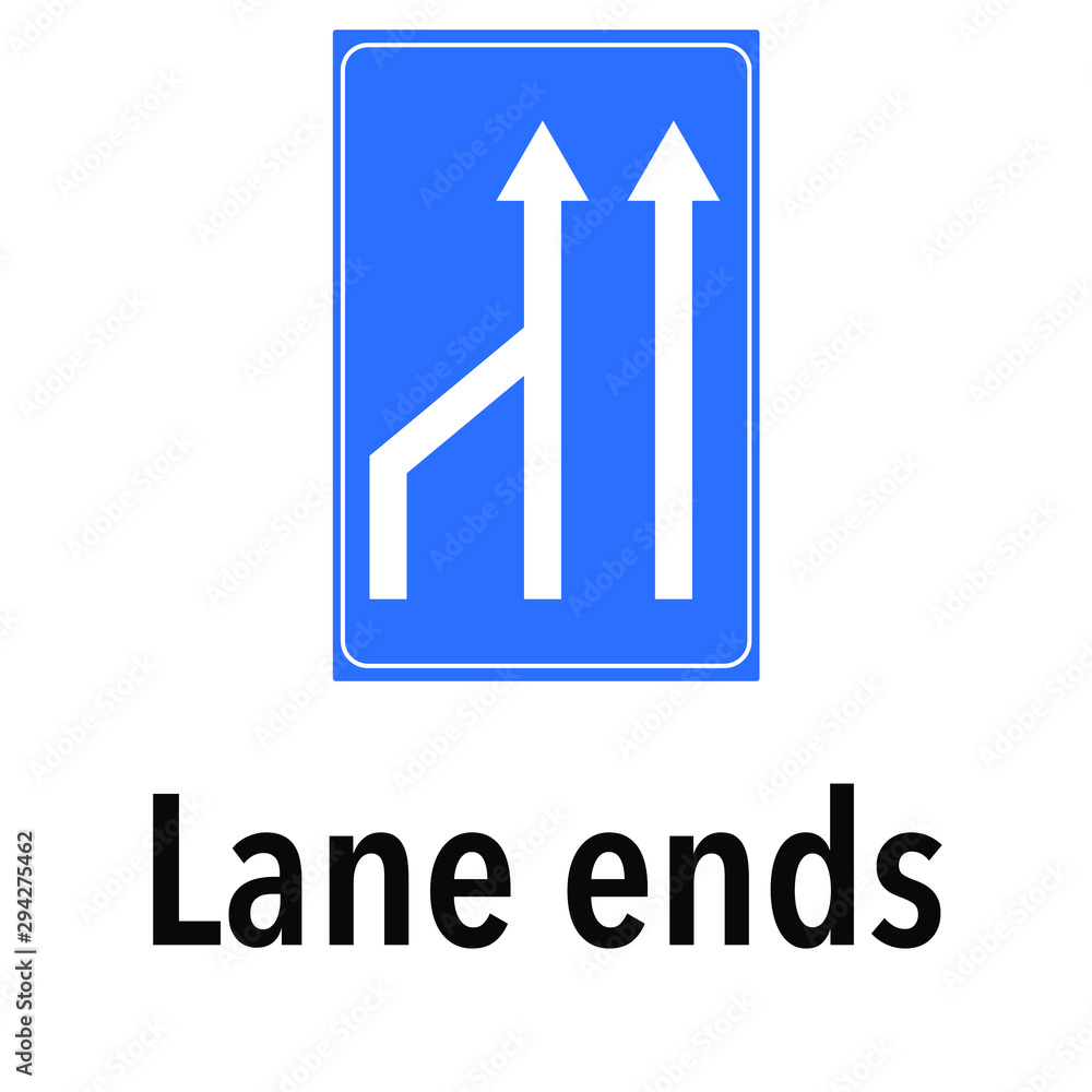 Lane ends Information and Warning Road, caution traffic street sign, vector illustration isolated on white background for learning, education, driving courses, sticker, icon. Lane ends Information and Warning Road, caution traffic street sign, vector illustration isolated on white background for learning, education, driving courses, sticker, icon.