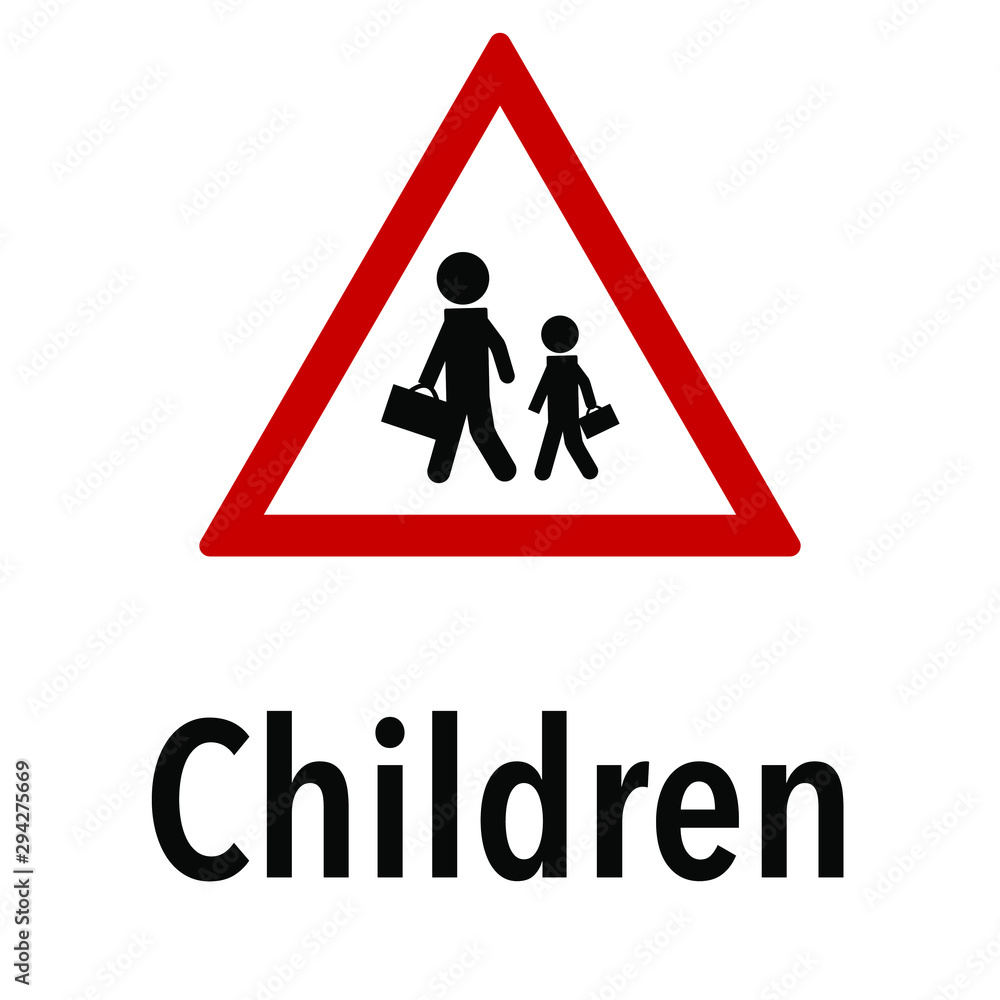 Children Information and Warning Road, caution traffic street sign, vector illustration isolated on white background for learning, education, driving courses, sticker, icon. Children Information and Warning Road, caution traffic street sign, vector illustration isolated on white background for learning, education, driving courses, sticker, icon.
