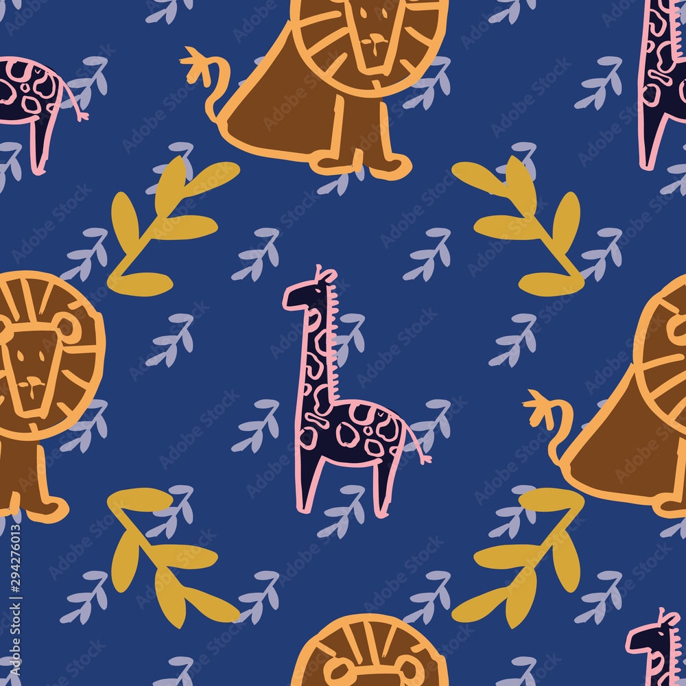 giraffe lion seamless repeat pattern design