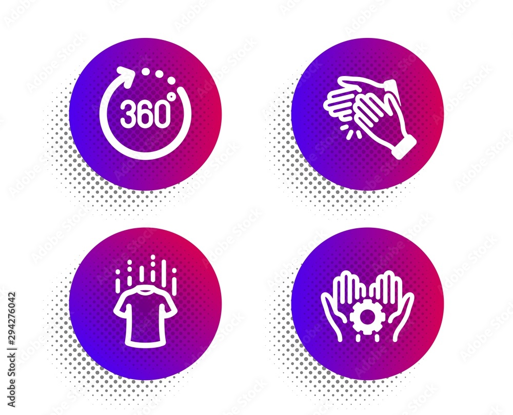 Clapping hands, 360 degrees and Dry t-shirt icons simple set. Halftone dots button. Employee hand sign. Clap, Panoramic view, Laundry shirt. Work gear. Business set. Vector