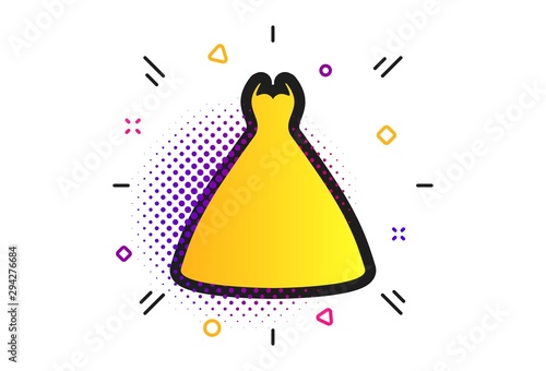 Woman dress sign icon. Halftone dots pattern. Elegant bride symbol. Classic flat wedding icon. Vector