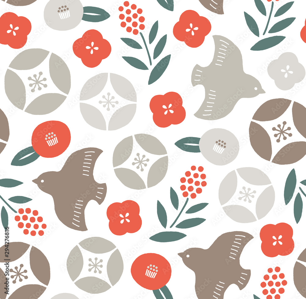 シックで大人可愛い鳥と花の和柄赤シームレス Stock Vector Adobe Stock