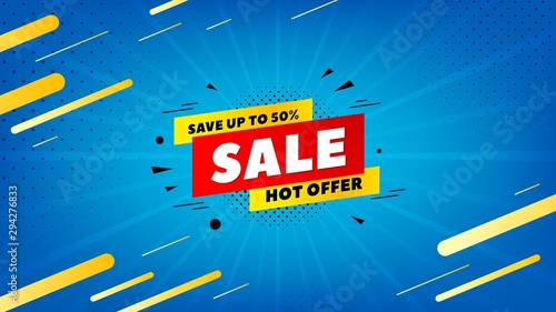 Sale 50% off badge. Discount banner shape. Hot offer icon. Abstract background. Modern concept design. Banner with offer badge. Vector