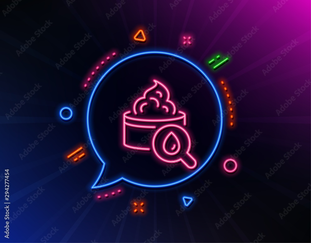 Moisturizing face cream line icon. Neon laser lights. Skin care sign. Cosmetic lotion symbol. Glow laser speech bubble. Neon lights chat bubble. Banner badge with moisturizing cream icon. Vector