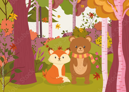Fototapeta Naklejka Na Ścianę i Meble -  cute bear and fox in the forest hello autumn
