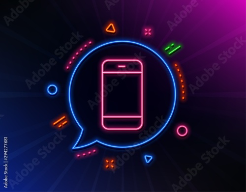Smartphone icon. Neon laser lights. Cellphone or Phone sign. Ð¡ommunication Mobile device symbol. Glow laser speech bubble. Neon lights chat bubble. Banner badge with smartphone icon. Vector