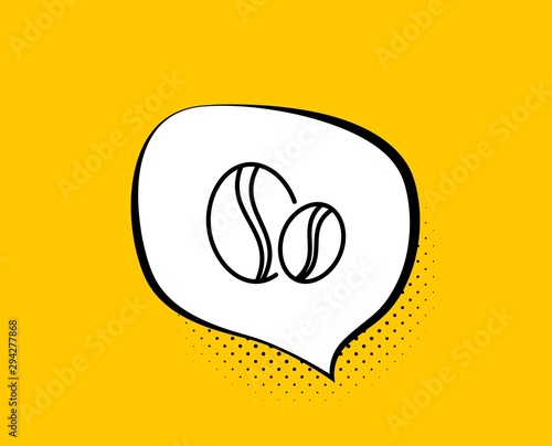 Coffee beans line icon. Comic speech bubble. Hot drink sign. Whole bean beverage symbol. Yellow background with chat bubble. Coffee beans icon. Colorful banner. Vector