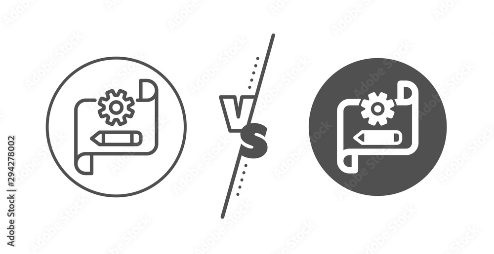 Engineering tool sign. Versus concept. Cogwheel blueprint line icon. Edit settings symbol. Line vs classic cogwheel blueprint icon. Vector