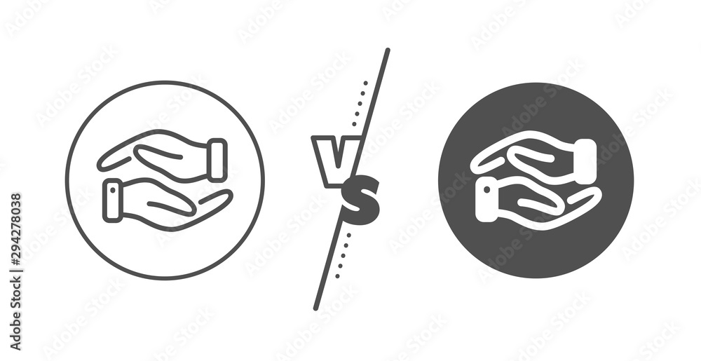 Charity gesture sign. Versus concept. Helping hand line icon. Giving palm symbol. Line vs classic helping hand icon. Vector