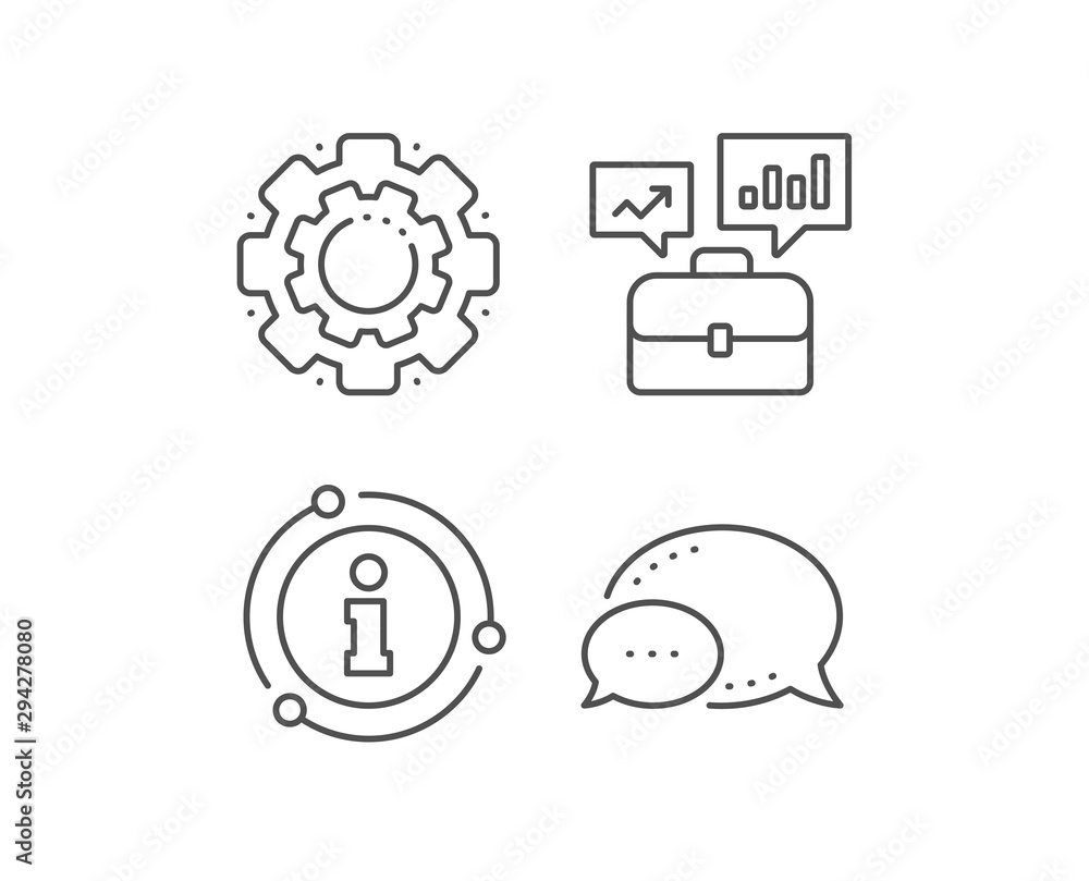 Business portfolio with Growth charts line icon. Chat bubble, info sign elements. Job Interview sign. Linear business portfolio outline icon. Information bubble. Vector Business portfolio with Growth charts line icon. Chat bubble, info sign elements. Job Interview sign. Linear business portfolio outline icon. Information bubble. Vector