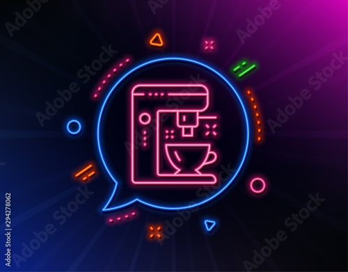 Coffee maker line icon. Neon laser lights. Tea machine sign. Hotel service symbol. Glow laser speech bubble. Neon lights chat bubble. Banner badge with coffee maker icon. Vector