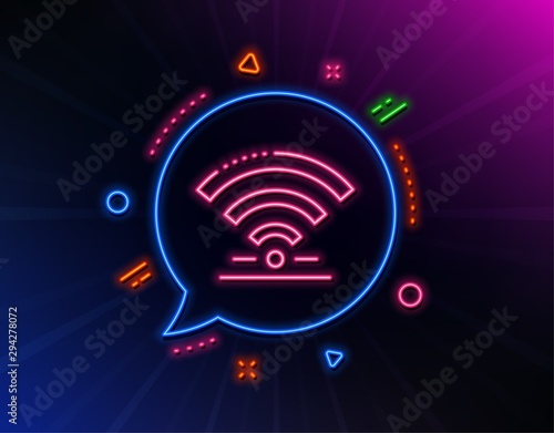 Wifi line icon. Neon laser lights. Wireless internet sign. Hotel service symbol. Glow laser speech bubble. Neon lights chat bubble. Banner badge with wifi icon. Vector