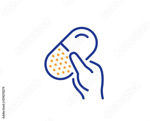 Medical drugs sign. Capsule pill line icon. Pharmacy medication symbol. Colorful outline concept. Blue and orange thin line capsule pill icon. Vector