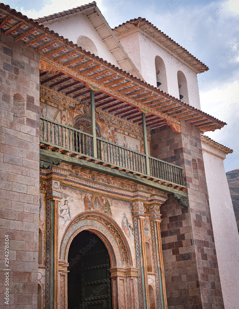 Exterior facade of the Barroque-style church of Andahuaylillas, near Cusco, Peru