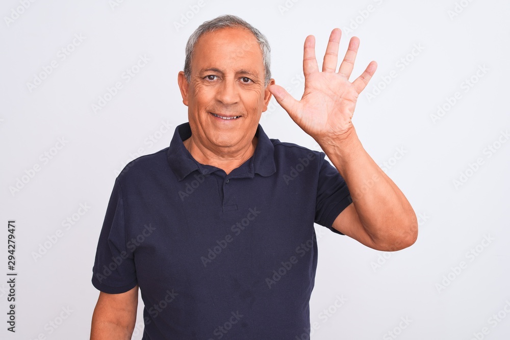 Senior grey-haired man wearing black casual polo standing over isolated white background showing and pointing up with fingers number five while smiling confident and happy. Senior grey-haired man wearing black casual polo standing over isolated white background showing and pointing up with fingers number five while smiling confident and happy.