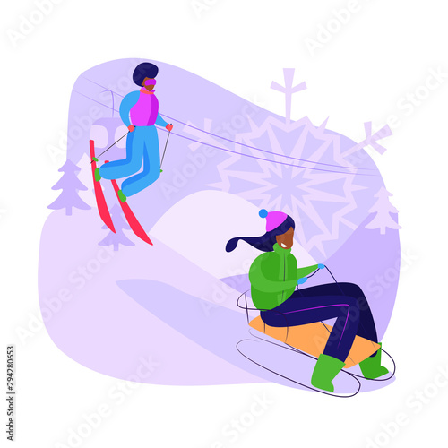 Friends sledging and skiing downhill