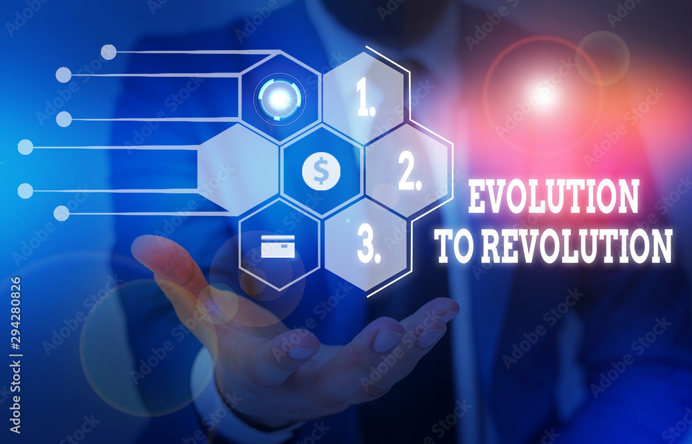 Writing note showing Evolution To Revolution. Business concept for adapting to way of living for creatures and huanalysiss Male wear formal suit presenting presentation smart device Writing note showing Evolution To Revolution. Business concept for adapting to way of living for creatures and huanalysiss Male wear formal suit presenting presentation smart device